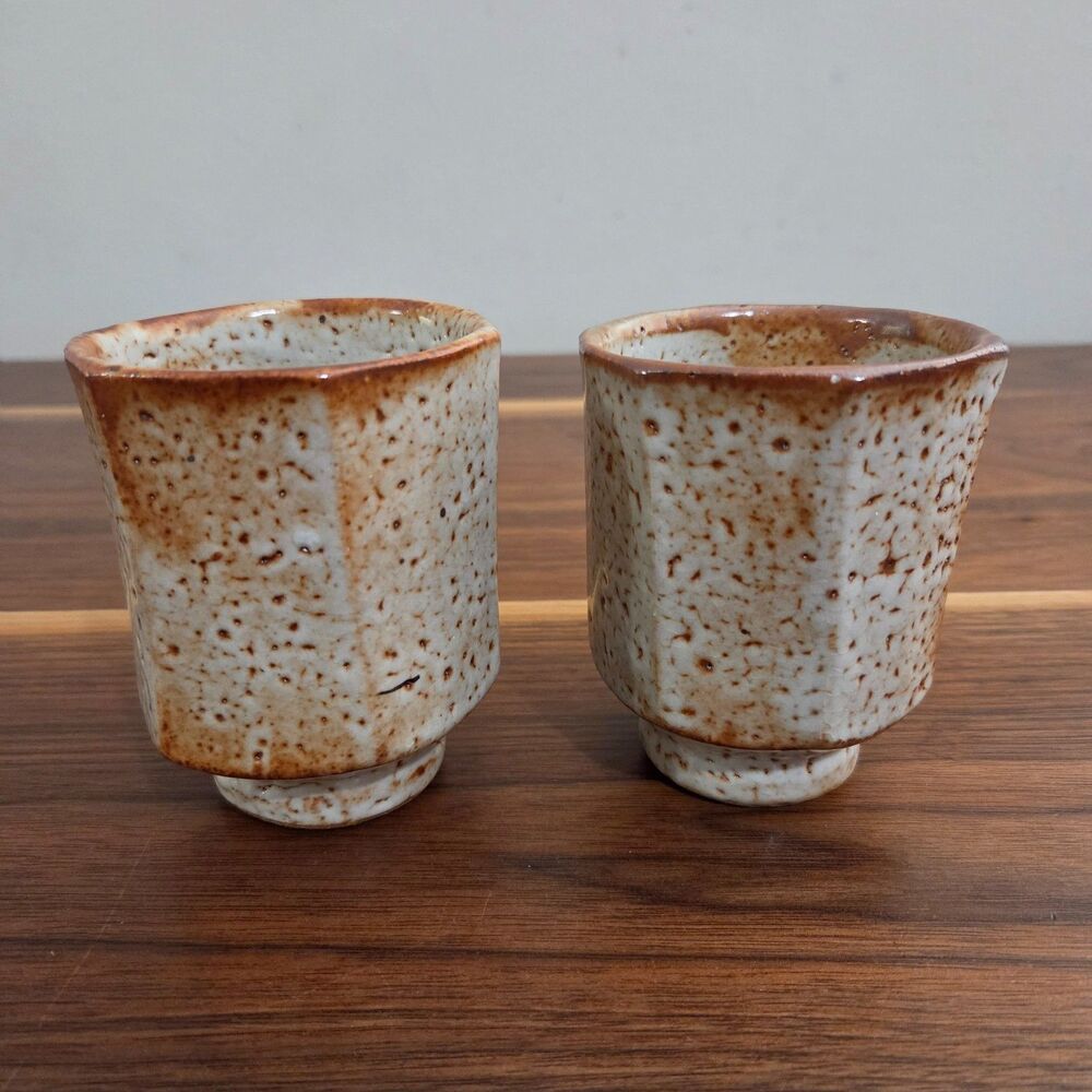 Japanese Small Sake Mino Shino Ware Style Thick Glaze Matcha Tea Cup Set of 2